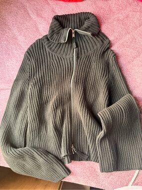 sofia by sofia vergara Ribbed Zip-Front Turtleneck Sweater - Dark Gray